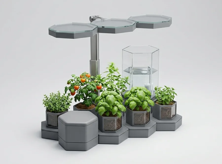 The full AI Ponics system, connected hex modules, grow light and water reservoir