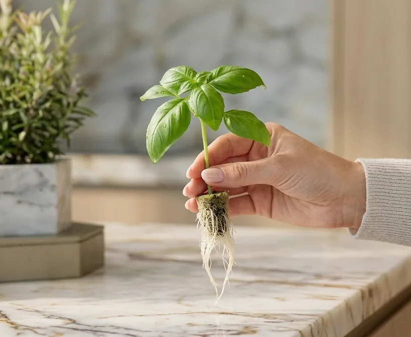 A hand holding a basil seedling grown in AI Ponics, healthy white roots visible