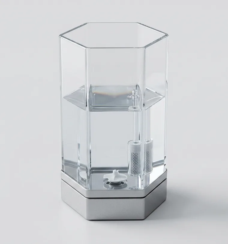 The glass water reservoir that feeds the garden