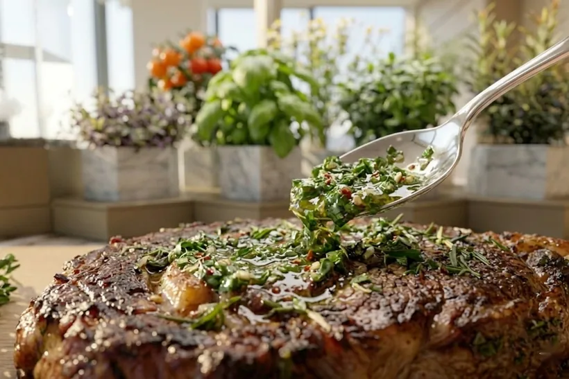 A ribeye steak finished with fresh herb chimichurri
