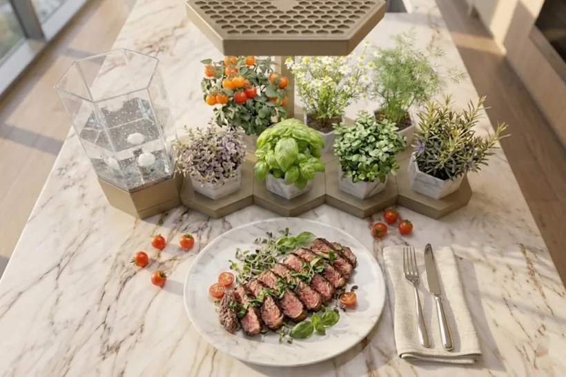 A plated steak dressed with fresh herbs beside the AI Ponics garden
