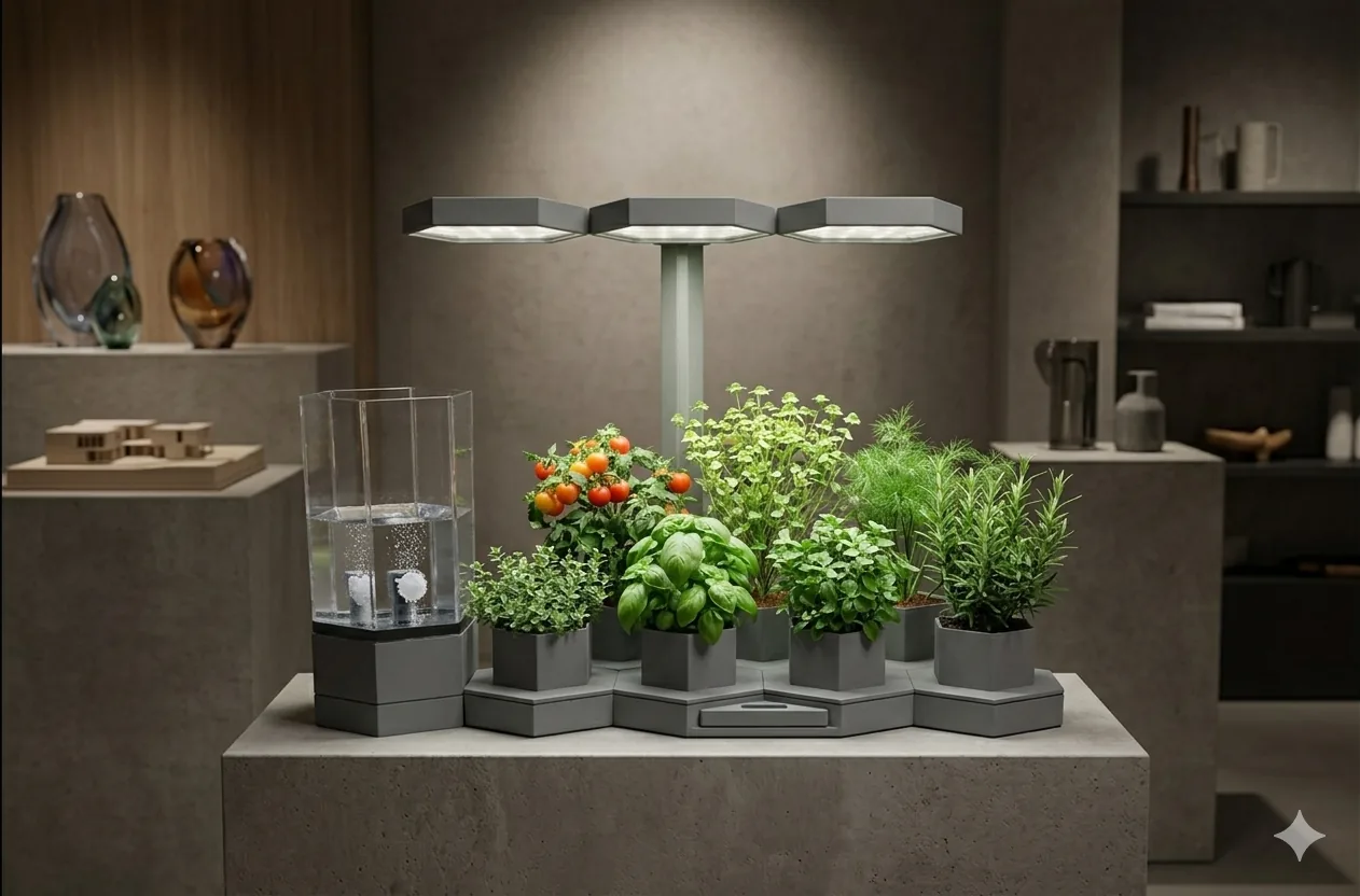 The complete AI Ponics smart garden with grow light, reservoir and hex pods of herbs