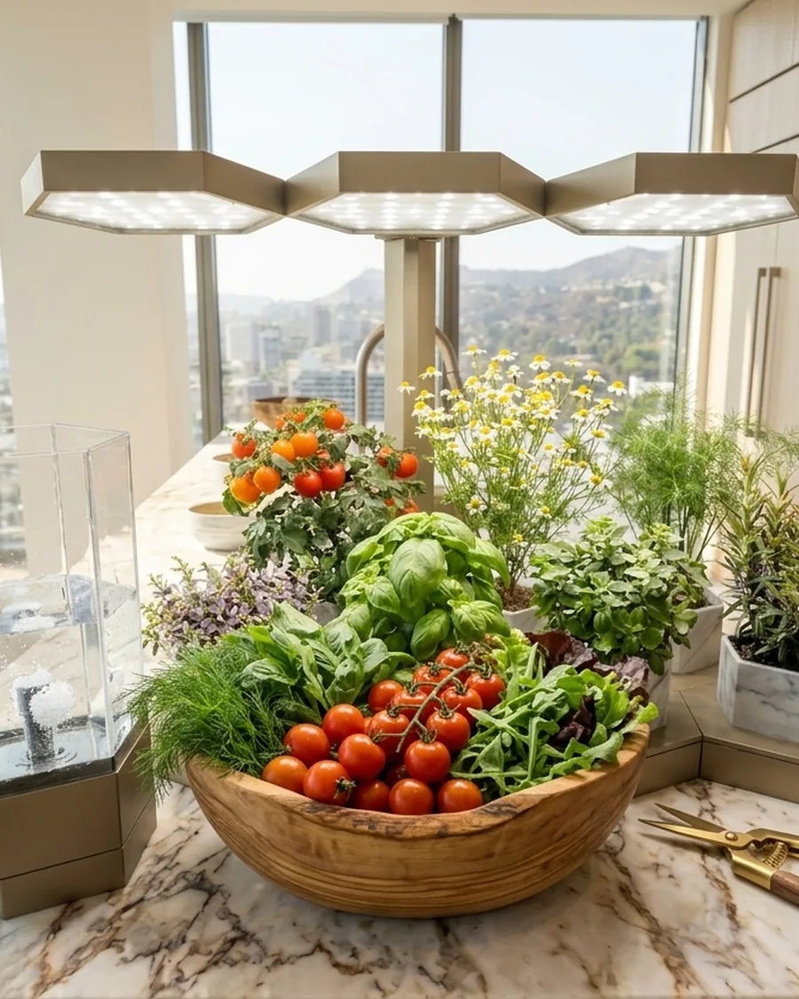 Fresh herbs and greens ready to snip from AI Ponics