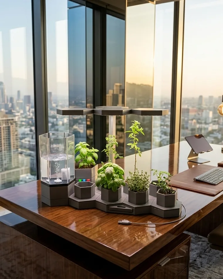 AI Ponics on a home-office desk with a city view
