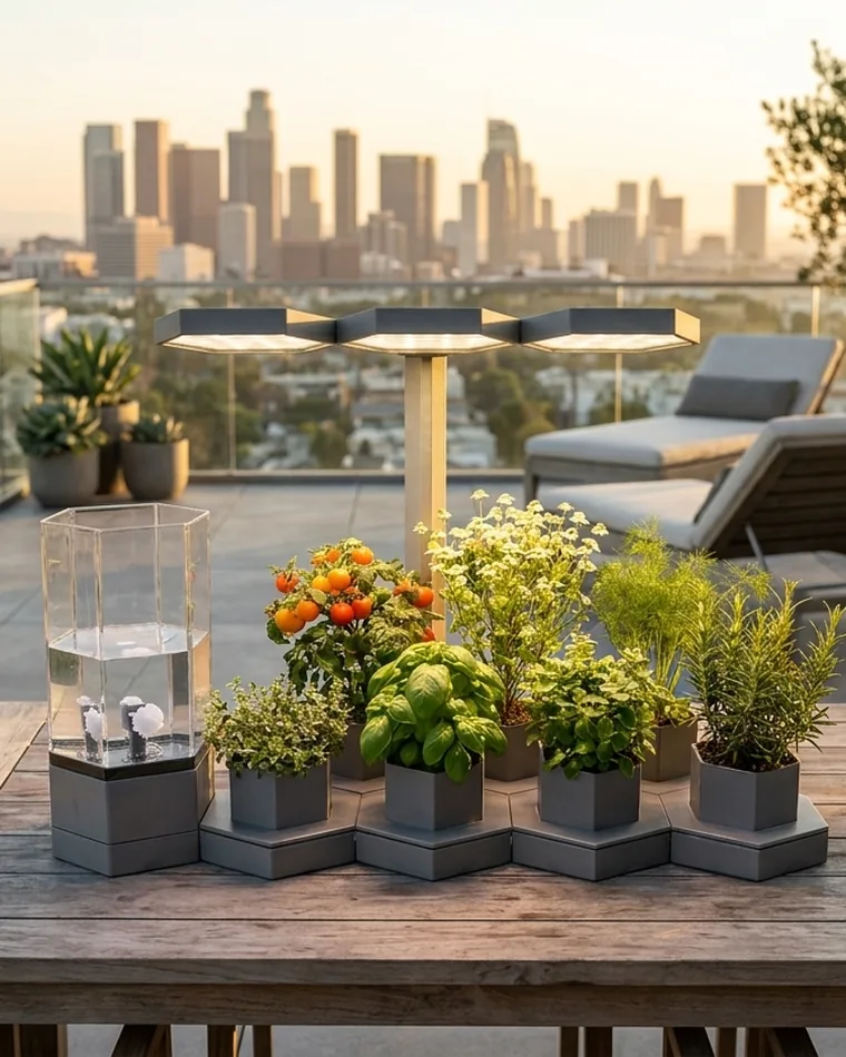 AI Ponics on a rooftop terrace with a city skyline