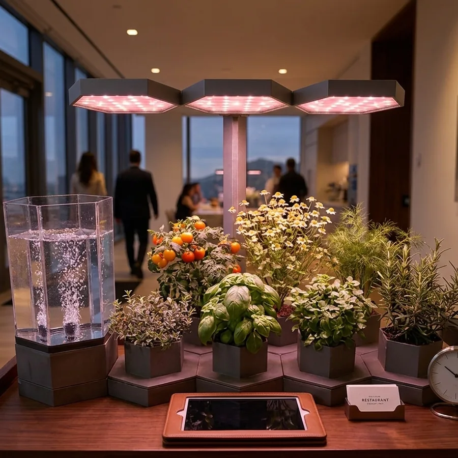 The AI Ponics system glowing under its grow light, managed from the companion app