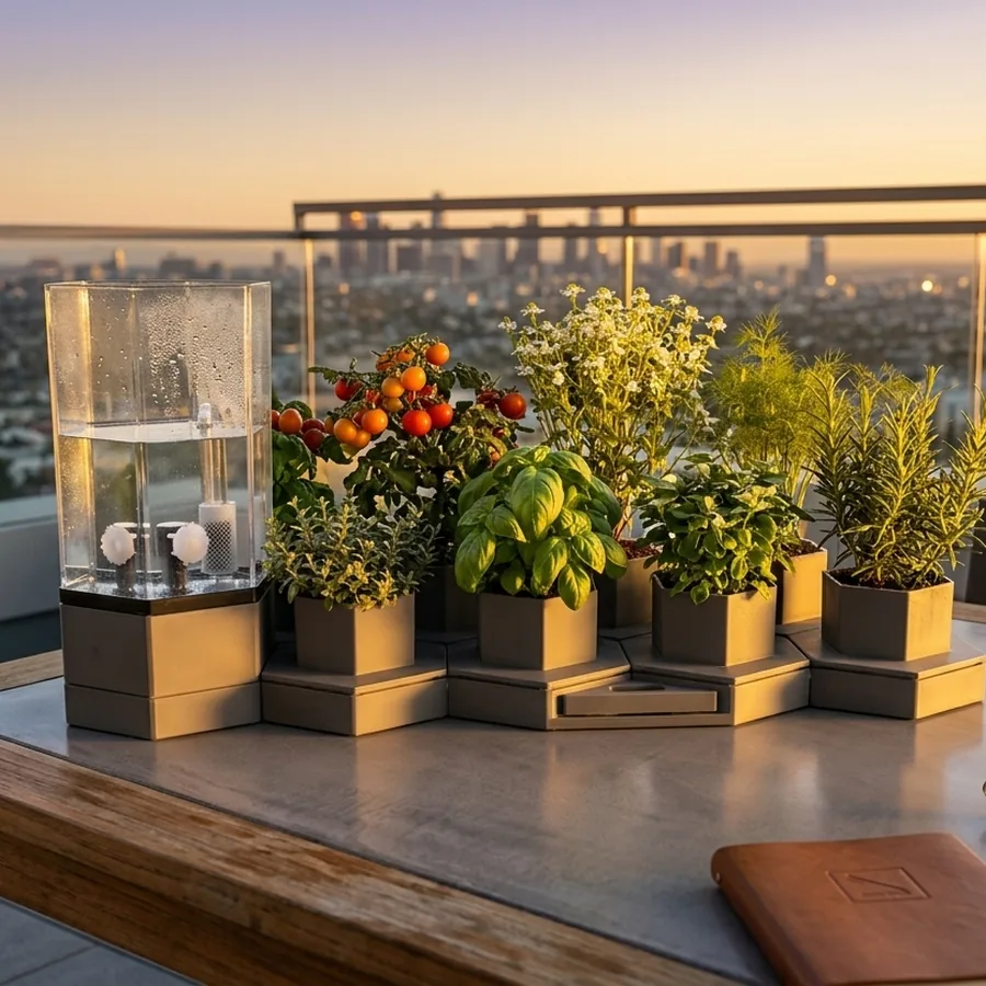 The AI Ponics hex garden set up on a sunlit table with a city view